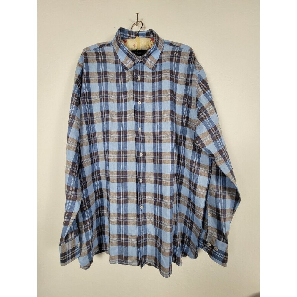 Calder Carmel Men Button Up Linen Plaid Shirt XXL Blue Limited Edition 1/150 New